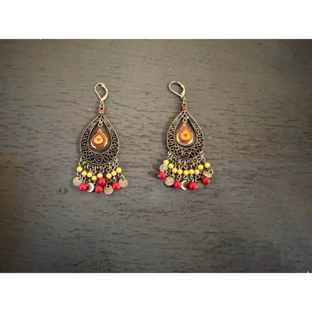 Boho Silver Tone Filigree Chandelier Earrings Red Yellow Beaded Drop Leverback